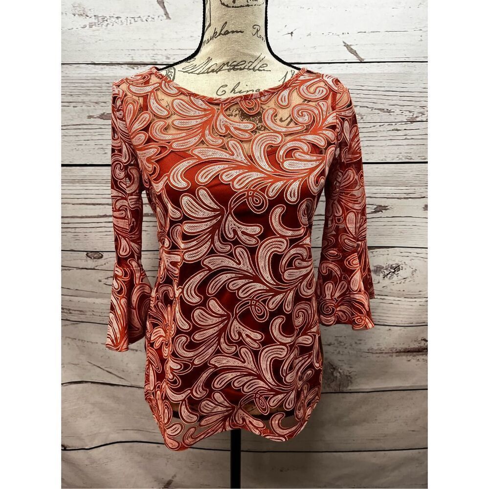 NY Collection Womens Rust Orange‎ Paisley Lace Bell Sleeve Top NKW0184 Small NEW
